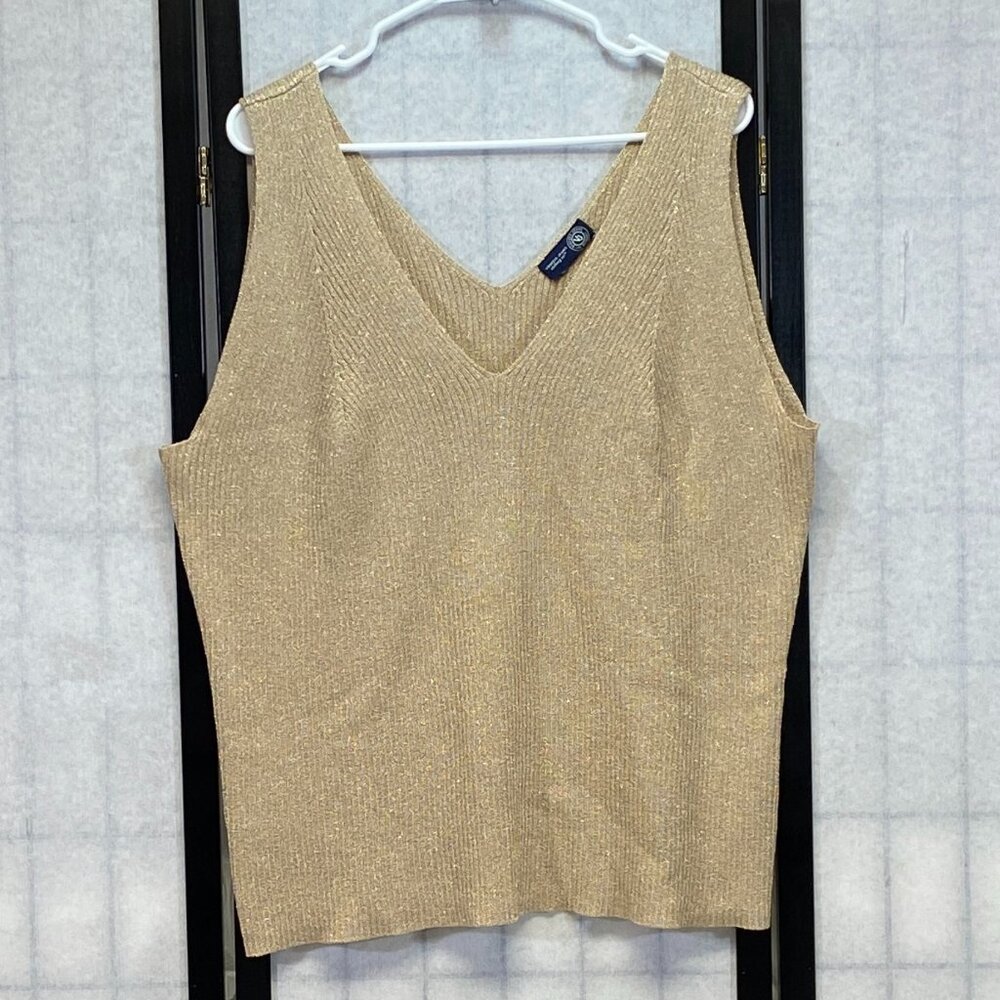 Venezia Jeans Co Gold Metallic Rib Knit Tank Sleeveless V-Neck Shimmer Top Lurex